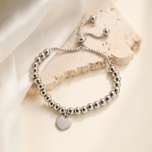 Elegant 4mm stainless steel bead chain bracelet with heart pendant on stone