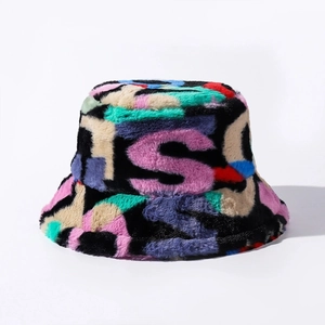 Colorful plush bucket hat with letter print in soft faux fur for winter warmth