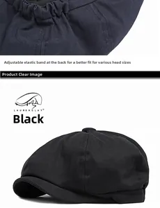 Detail of black newsboy cap featuring elastic back strap for adjustable head circumference
