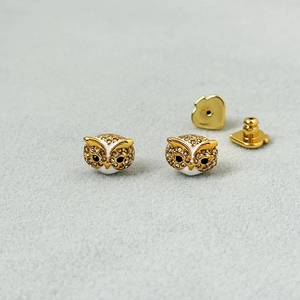 Dainty Owl Stud Earrings Brass With Sparkling Zircon And White Enamel Contrast Color Animal Shape Fashion Jewelry For Women