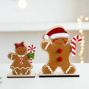 Christmas Gingerbread Man House Desktop Ornament Felt And Wood Base Festive Decoration Tabletop Home Decor