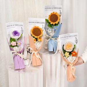 Handmade Crochet Flower Bouquet Knitted Yarn Rose Sunflower In Gift Box Bag Eternal Artificial Floral Gift Home Decor