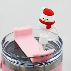 Snowman-shaped 10mm silicone straw cover for tumbler cups in white and red festive colors