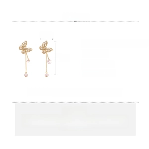 Detailed spec sheet showing butterfly tassel earrings with alloy, pearls and dimensions