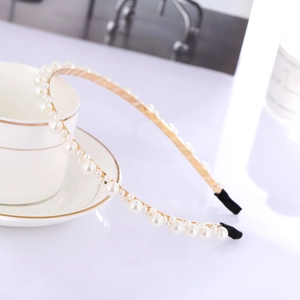 Elegant minimalist pearl headband with white beads on slim metal wire hair accessory