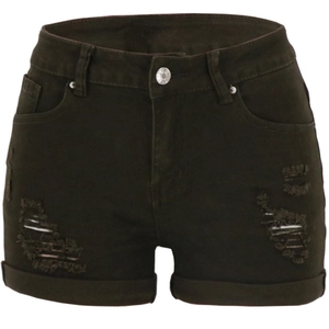 Distressed dark green low-rise denim shorts with ripped details and cuffed hem