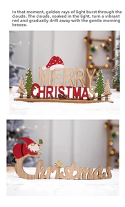 Detailed view of Merry Christmas wooden table ornaments with Santa and pine tree motifs