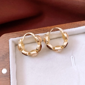 Macro shot of vintage gold earrings with amber and dark brown gemstones in jewelry box