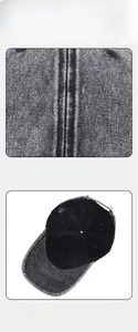 Detail of washed denim baseball cap featuring splattered ink design and precision stitching