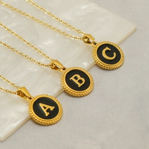 Initial Alphabet Letter Pendant Necklace 18K Gold Plated 304 Stainless Steel Round Black Enamel Vintage Minimalist Jewelry