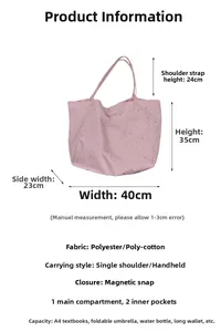 Pink star tote bag dimensions guide showing 40cm width and 35cm height with strap details