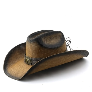 Chapeau de cowboy classique en paille à large bord avec boucle métallique tête de taureau
