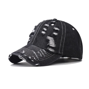 Distressed Denim Baseball Cap Washed Cotton Ripped Retro Streetwear Hat Adjustable Buckle Unisex Casual Fashion