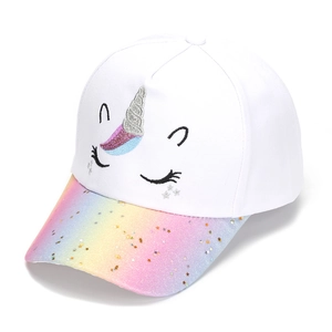 Detail of kids baseball cap featuring unicorn embroidery and rainbow sequin brim