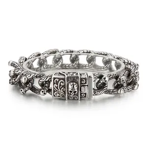 Skull Bracelet Men 316L Stainless Steel Punk Gothic Heavy Chain Jewelry Halloween Retro Dark Skeleton Rock Biker