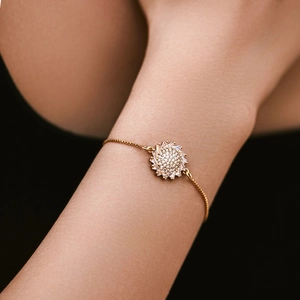 Adjustable gold plated sunflower bracelet with sparkling cubic zirconia pavé stones