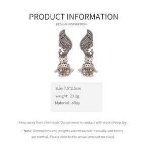 Boucles d'oreilles paon ethniques avec pompons en alliage et dimensions de 7,5x2,5cm