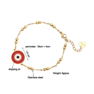 Gold stainless steel evil eye bead bracelet with red enamel pendant and 19cm+4cm chain