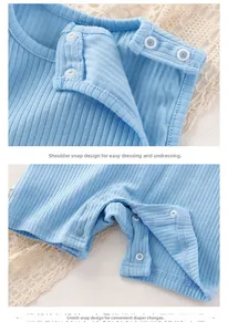 Detail of light blue baby bodysuit with shoulder snaps and ribbed breathable fabric