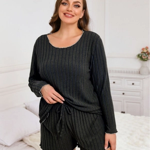 Women's plus size striped loungewear set with long sleeve top and drawstring shorts