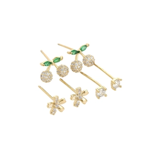 Three-pair S925 silver needle stud earring set with cherry, flower, and crystal designs