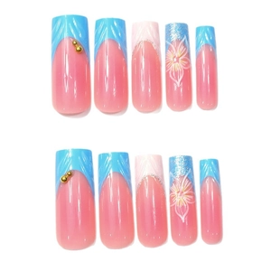 French tip 3D press-on nails with blue glitter flowers and pearls on long square shape