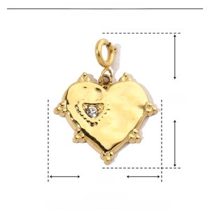 Detailed size view of a 22mm gold stainless steel heart pendant with sparkling rhinestones