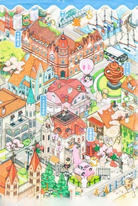 Detail of 3D miniature Qingdao city map stickers with landmarks for DIY scrapbooking