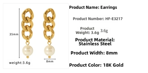 Detail view of 18K gold stainless steel chain earrings with white pearl drop and size info