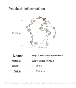Detailed size and material chart for the 139.5cm triple layer irregular pearl necklace