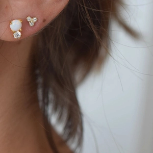 Close-up of S925 silver gold-plated stud earrings with opal and sparkling zircon on ear