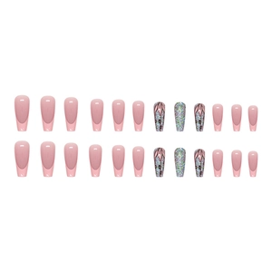 Pink French glitter press-on nails set with 24 coffin-shaped pieces on white background