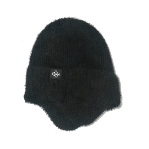 Women's black knit winter earflap hat with fluffy faux mink fur and snowflake patch