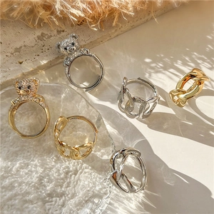 Vintage Hollow Chain Open Adjustable Ring Cute Teddy Bear Cubic Zirconia Copper Polished Finger Jewelry For Women