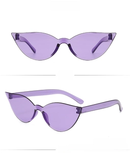 Front and profile view of transparent purple cat-eye sunglasses with retro aesthetic