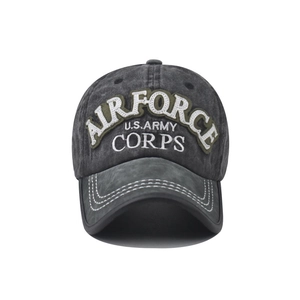 Close-up of vintage washed cotton baseball cap with Airforce U.S. Army embroidery detail