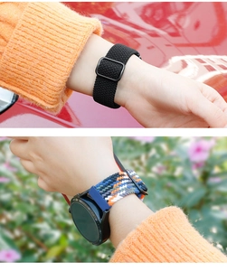 Close-up of adjustable nylon braided watch bands in black and multicolor finishes