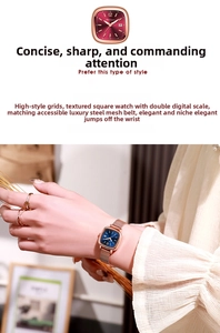 Detail of square dial ladies watch with mesh strap and date display in rose gold finish