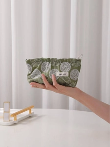 Green floral embroidery cotton linen makeup bag with H&R BAG label and zipper