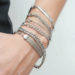 Silver 18K stainless steel layered bracelet set with Cuban and snake chain styles