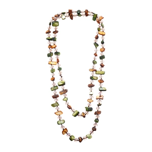 Double-layered beaded necklace with green and amber stones in a bohemian vintage style