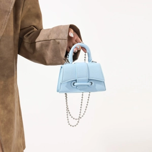 Women Mini Handbag Pebbled PU Leather Top Handle Removable Silver Ball Chain Shoulder Bag Chic Fashion Accessory