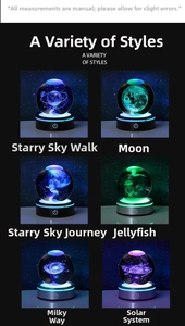 Detail view of six 3D laser-engraved crystal balls featuring galaxy and moon patterns