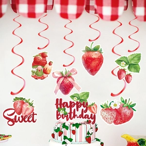 Strawberry theme birthday party decoration set with red swirls and sweet cake toppers