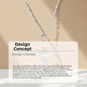 Detailed view of an S925 sterling silver cross and rose necklace pendant with zircon