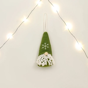 Christmas gnome ornament in green knit with snowflake embroidery and white curly beard