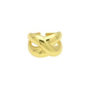 Detail of an 18K gold-plated ring featuring a unique criss-cross wrap and open design