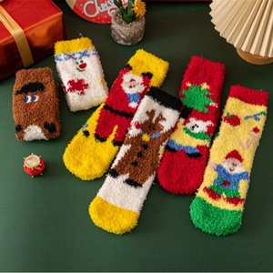 Thick coral fleece Christmas socks featuring reindeer and Santa Claus embroidery
