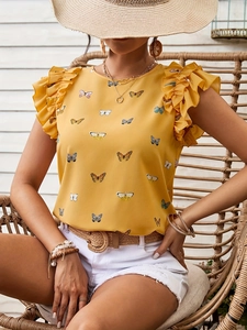 Yellow polka dot blouse with ruffle sleeves and butterfly print for women