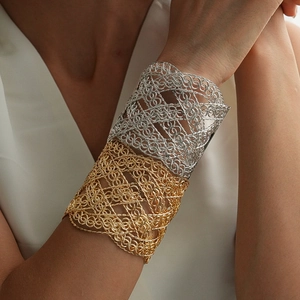Retro mesh metallic cuff bracelets in gold and silver finish with woven pattern for women